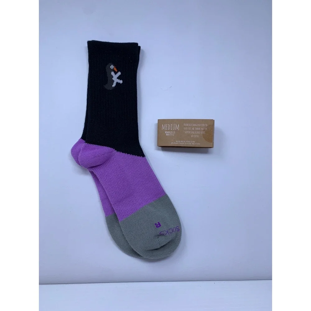 Kikko Socks Unisex Medium Black Purple Penguin Athlete Crew Socks NWT